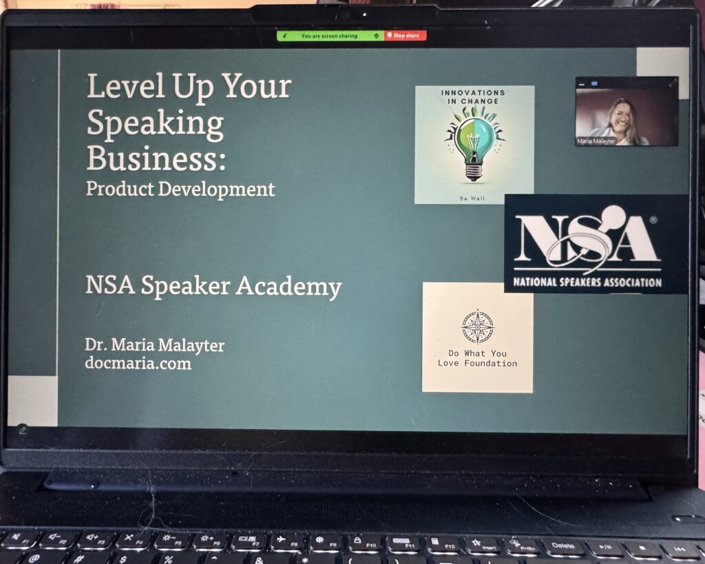 Image of laptop with image of Dr Maria Malayter and text: Level Up Your Speaking Business: Product Development. NSA Speaker Academy