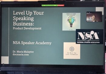 Image of laptop with image of Dr Maria Malayter and text: Level Up Your Speaking Business: Product Development. NSA Speaker Academy